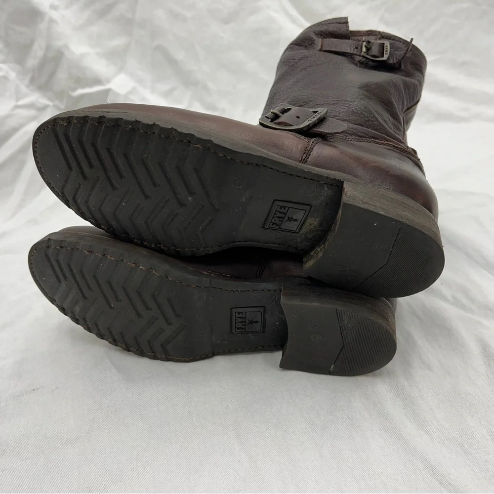 Frye harness buckle strap brown leather mid calf boots moto riding motorcycle 7B - Picture 6 of 16